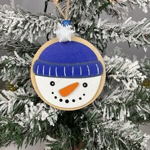Christmas Tree Ornament-Wooden Snowman With Blue Hat-The Bridge Collection
